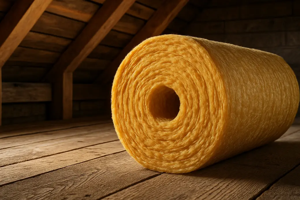 Close-upfoto van een rol isolatiemateriaal met glaswoltextuur in een zolderomgeving met zichtbare houten dakbalken en dakbedekking, belicht met dramatisch zijlicht.