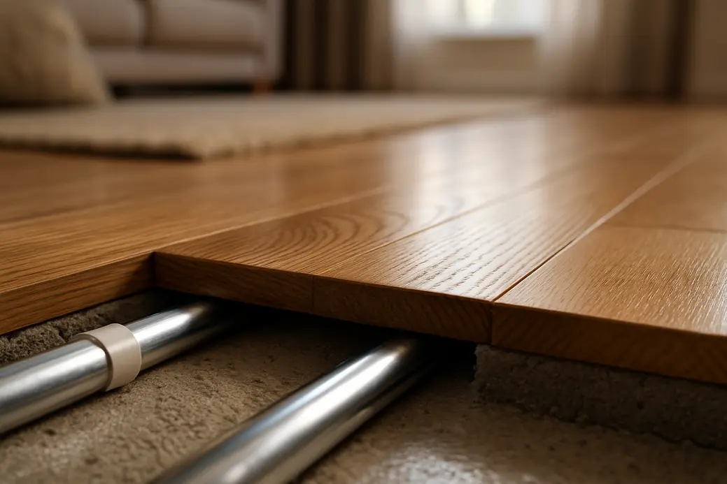 Close-upfoto van een nieuwe vloer met houten vloerbedekking en zichtbaar geïntegreerde verwarmingsbuizen eronder in een natuurlijke woonkamersetting.