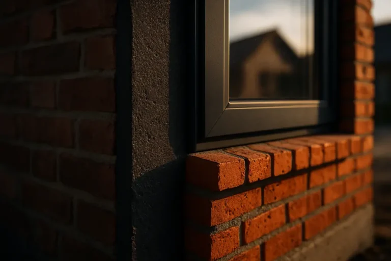 Close-upfoto van een geveldeel met nieuw bouwmateriaal zoals bakstenen en isolatie, onderdeel van een fundering en raamkozijn, duidelijk zichtbaar als nieuw toegevoegd onderdeel geïntegreerd in een bestaande woning.