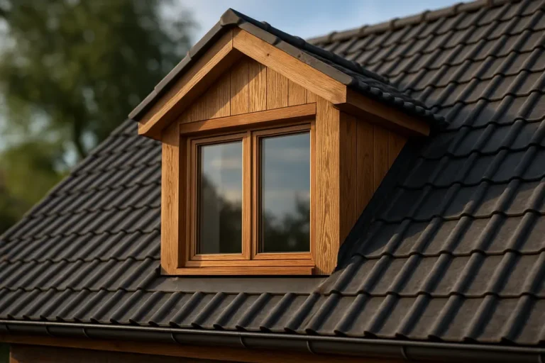 Close-up van een dakkapel geveldeel met houten bouwmaterialen en glas in een natuurlijke buitenomgeving met schuine dakconstructie en natuurlijk licht