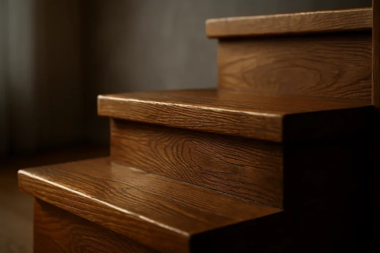 Close-up van een houten trap in een realistische huiskamer, met scherpe details van houtnerf en afwerking, belicht door dramatisch zijlicht